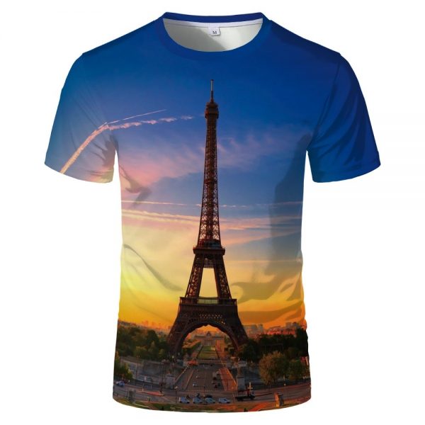 European and American new 3D Paris tower Twilight print T shirt Abstract plant water drop Tshirt o-neck short sleeve T-shirt