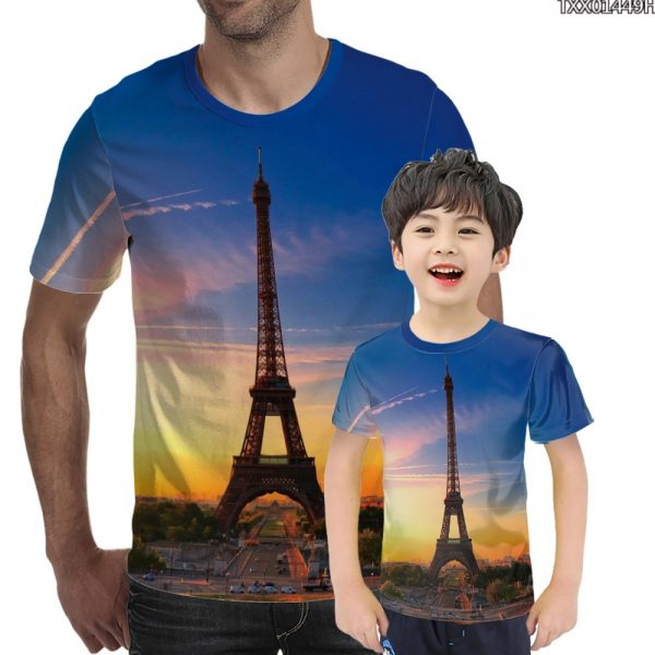 European and American new 3D Paris tower Twilight print T shirt Abstract plant water drop Tshirt o-neck short sleeve T-shirt